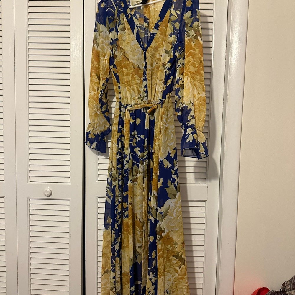 Enfocus Studio Blue and Gold Floral Long Sleeve Dress
